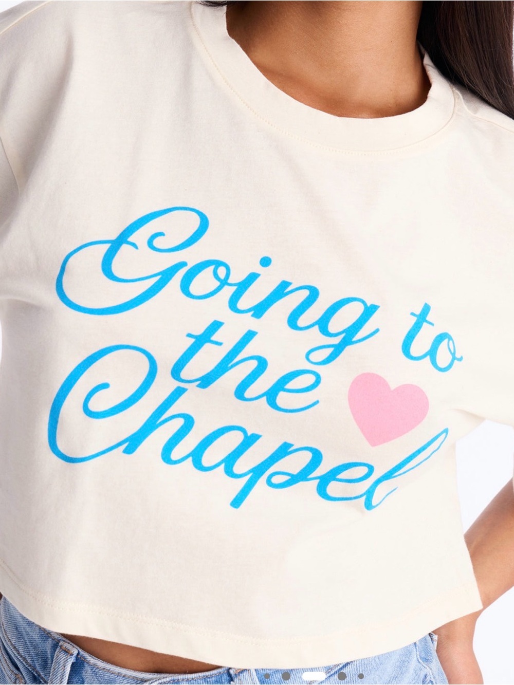 Source Unknown Cream Crop Top with Blue Script and Pink Heart - Picture 3 of 3
